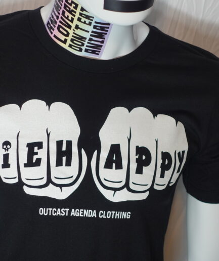 black tee shirt. whit hands with the words Die Happy tattooed on knuckles.